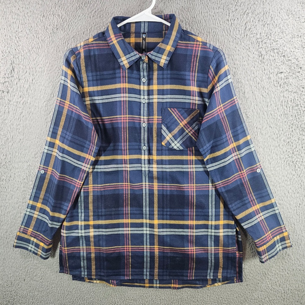 Kuhl Women Navy Blue Yellow Plaid Flannel Tunic Shirt Small Long Sleeve Roll Tab